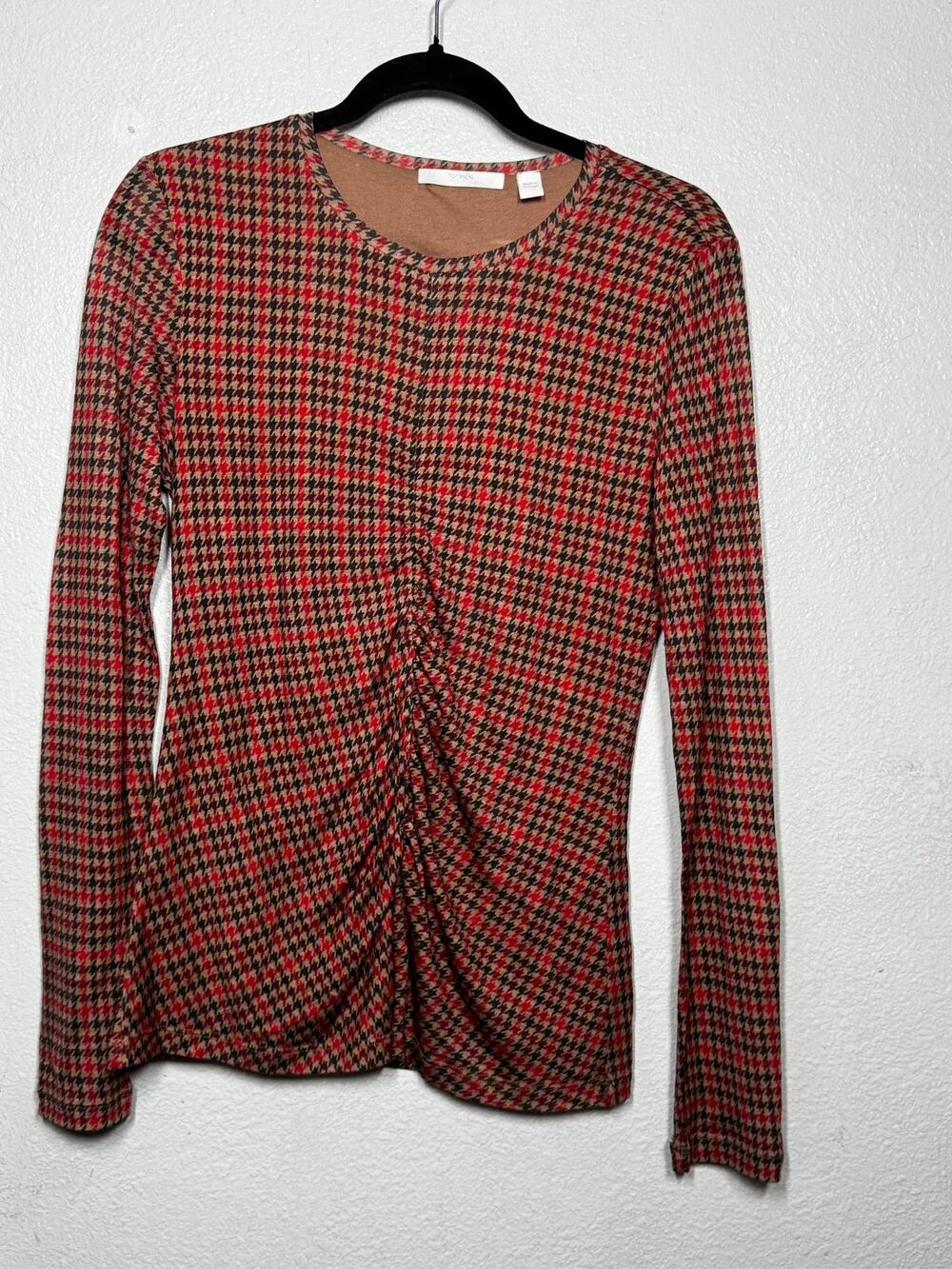 Hugo Boss Egila Houndstooth Top Brown Red Ruched Pullover Long Sleeve Sz M